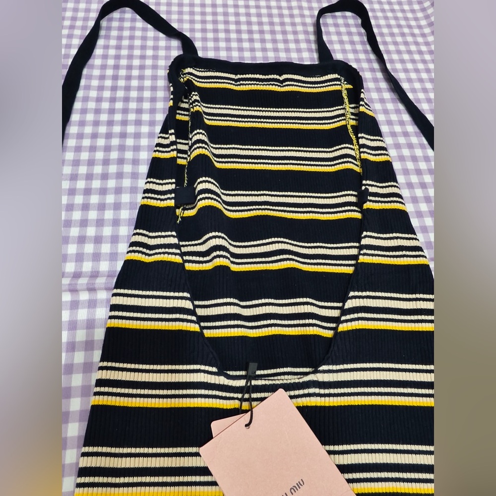 Miu Miu Navy, Yellow & Cream Striped Knit Pencil Skirt - Picture 3 of 13